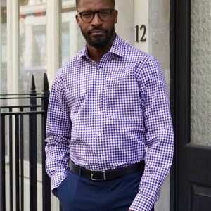 Michael Kors purple and white checkered gingham plaid long-sleeve shirt